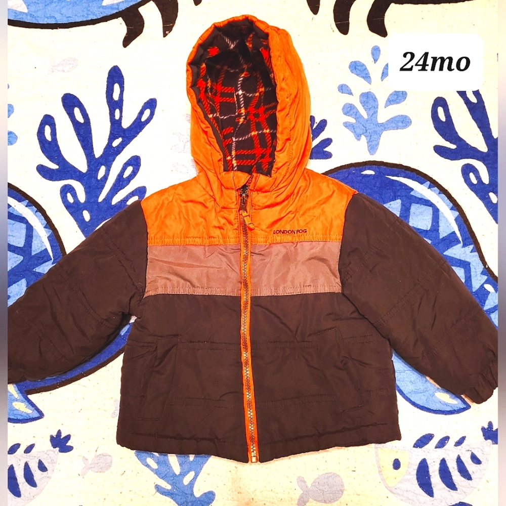 London Fog Toddler Baby Boy Orange Blue Plaid Fleece Lined Jacket Coat 24m Month